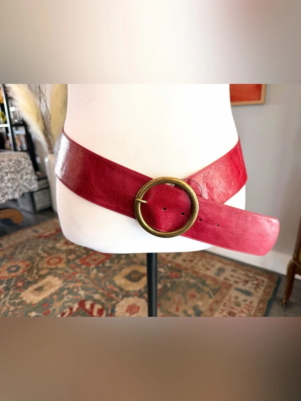 HOBO Red Leather Belt with Round Brass-Tone Buckle